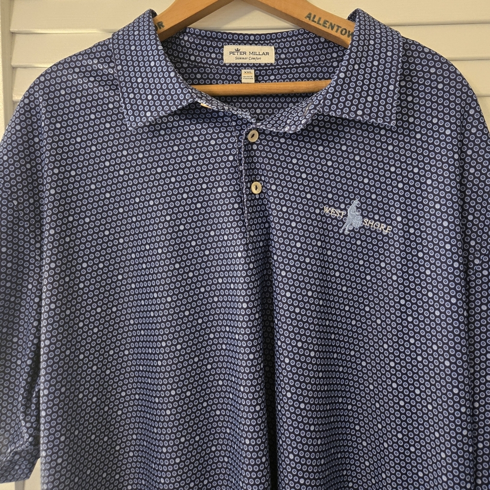 Peter Millar Mens Polo, XXL / 2XL, Blue Circular Pattern, Excellent Condition